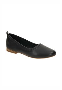 Scarpa piatta nera in pelle con punta arrotondata, texture liscia e tacco leggero. Presenta un vamp a taglio basso e una piccola linguetta sul retro per facilitare l'indossamento.