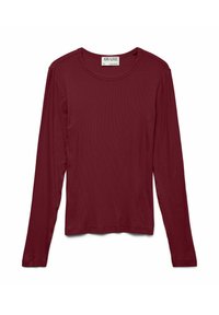 T-shirt bordeaux à manches longues avec col rond côtelé, avec une étiquette cousue au niveau du col.
