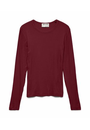 Burgunderfarvet langærmet ribbet T-shirt med rund hals og en syet label ved halsudskæringen.