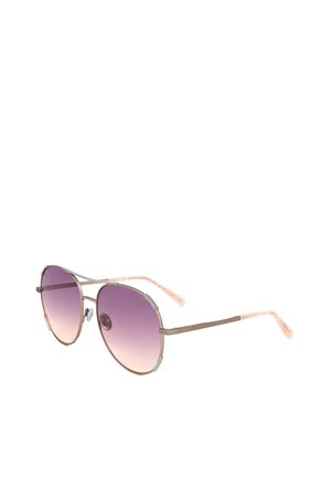 Occhiali da sole rotondi con sottile montatura in metallo dorato e lenti sfumate viola, con terminali delle aste tinta rosa e naselli regolabili.