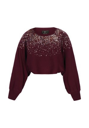 Jersey corto burdeos con mangas largas, que presenta un diseño de brillantes lentejuelas a lo largo del escote y la parte superior del pecho. Textura acanalada en toda su superficie.