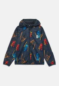 Kapuzen-Windbreaker-Jacke in Marineblau mit bunten Cartoon-Ninja-Drucken, ausgestattet mit Reißverschlüssen und elastischen Bündchen für einen sicheren Sitz. Leichtes Material.