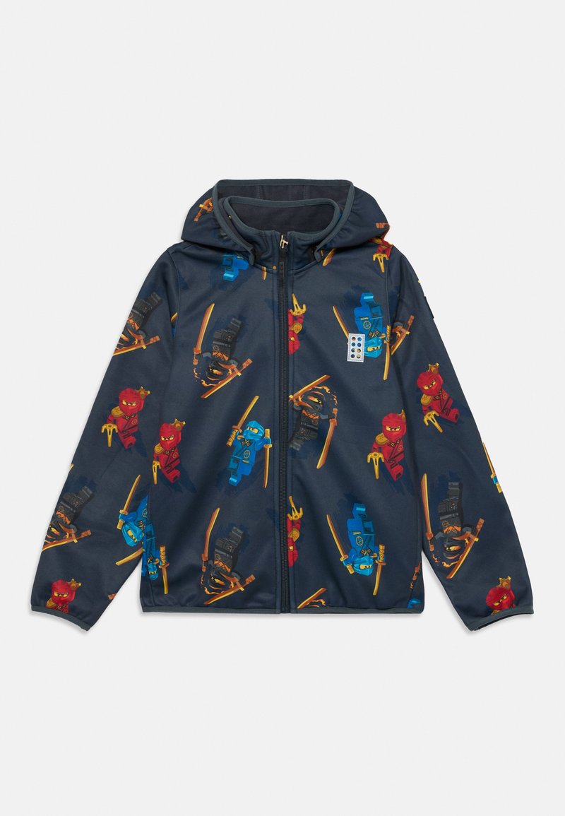 Kapuzen-Windbreaker-Jacke in Marineblau mit bunten Cartoon-Ninja-Drucken, ausgestattet mit Reißverschlüssen und elastischen Bündchen für einen sicheren Sitz. Leichtes Material.