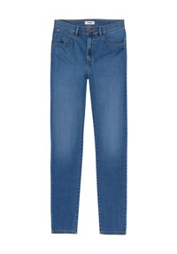 Jeans de mezclilla azul con un ajuste estándar, cinco bolsillos, pasadores para cinturón y cierre de botón. Presenta un ligero desgaste y detalles de costura.