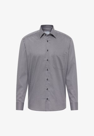 Herren Langarm-Hemd mit schwarz-weißer geometrischer Diamantmuster, Knopfleiste und spitzem Kragen.