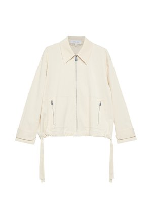 Kremowa kurtka z długim rękawem, z kołnierzem, przednim zamkiem błyskawicznym, dwoma kieszeniami na zamek oraz regulowanymi troczkami u dołu.