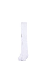 Calcetines blancos hasta la rodilla, hechos de una tela suave, con una textura lisa y un diseño sencillo que cuenta con una apertura superior acanalada.