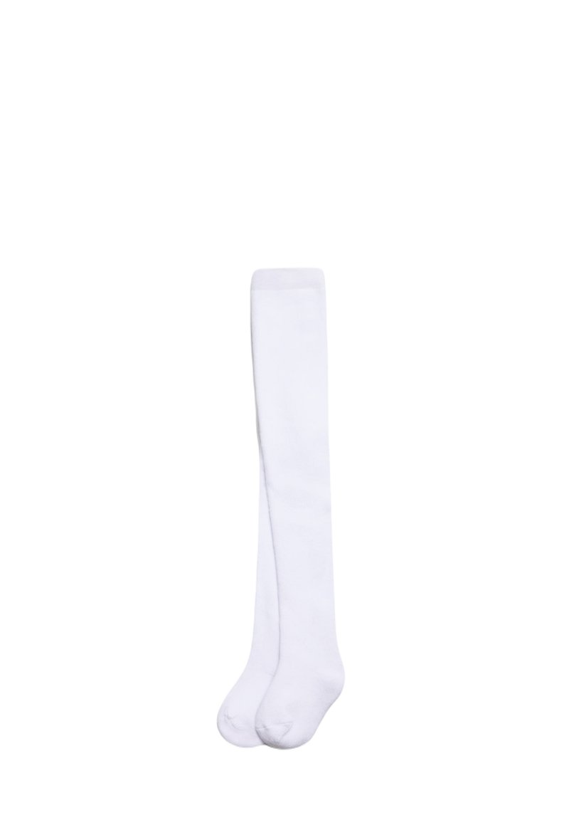 Calcetines blancos hasta la rodilla, hechos de una tela suave, con una textura lisa y un diseño sencillo que cuenta con una apertura superior acanalada.