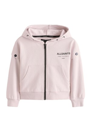 Hellrosa Zip-Hoodie mit Fronttaschen, Kapuze mit Kordelzug, geknöpften Ärmelriegeln und "ALLSAINTS"-Schriftzug mit japanischen Zeichen auf der Brust.