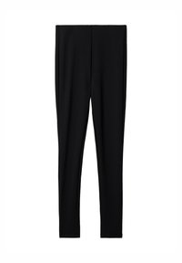 Leggings noirs en tissu extensible, dotés d'une taille haute et d'un design ajusté, sans motifs ni accessoires visibles.