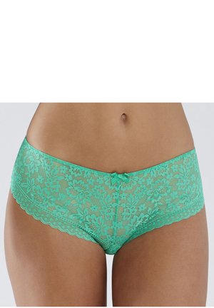 Turquoise hipsterondergoed van kant met een bloemenpatroon, geschulpte randen en een klein strikje in het midden van de voorkant.