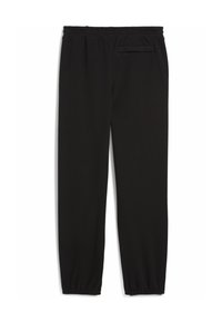 Zwarte sweatpants met een elastische tailleband, tapers aan de beenopening en een enkele achterzak. Gemaakt van een gladde, rekbare stof.