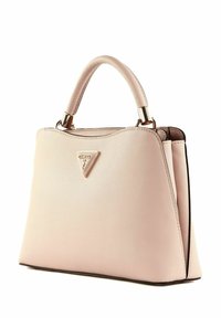 Borsa strutturata in materiale testurizzato di colore rosa chiaro, con logo triangolare e metalleria dorata, dotata di manici arrotondati e rifiniture a contrasto.