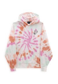 Sweat à capuche tie-dye avec des tourbillons roses, orange et vert menthe, poche avant, et petit logo noir de soleil et de papillon sur la poitrine.