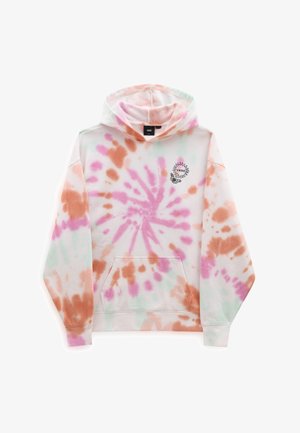 Värjätty huppari, jossa vaaleanpunaisia, oransseja ja mintunvihreitä kierroksia, etutasku ja pieni musta aurinko- ja perhoslogo rinnassa.