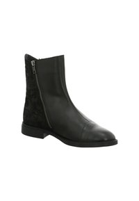 Schwarze Leder-Stiefelette mit runder Zehenpartie, seitlichem Reißverschluss und strukturierten Blumenornamenten auf der Rückseite. Flache Gummisohle.