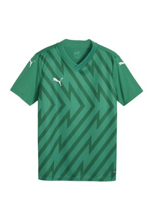 Maillot vert avec un col en V, présentant un motif en zigzag en vert plus foncé. Fabriqué à partir d'un matériau léger avec des accents de logo blancs sur les manches.