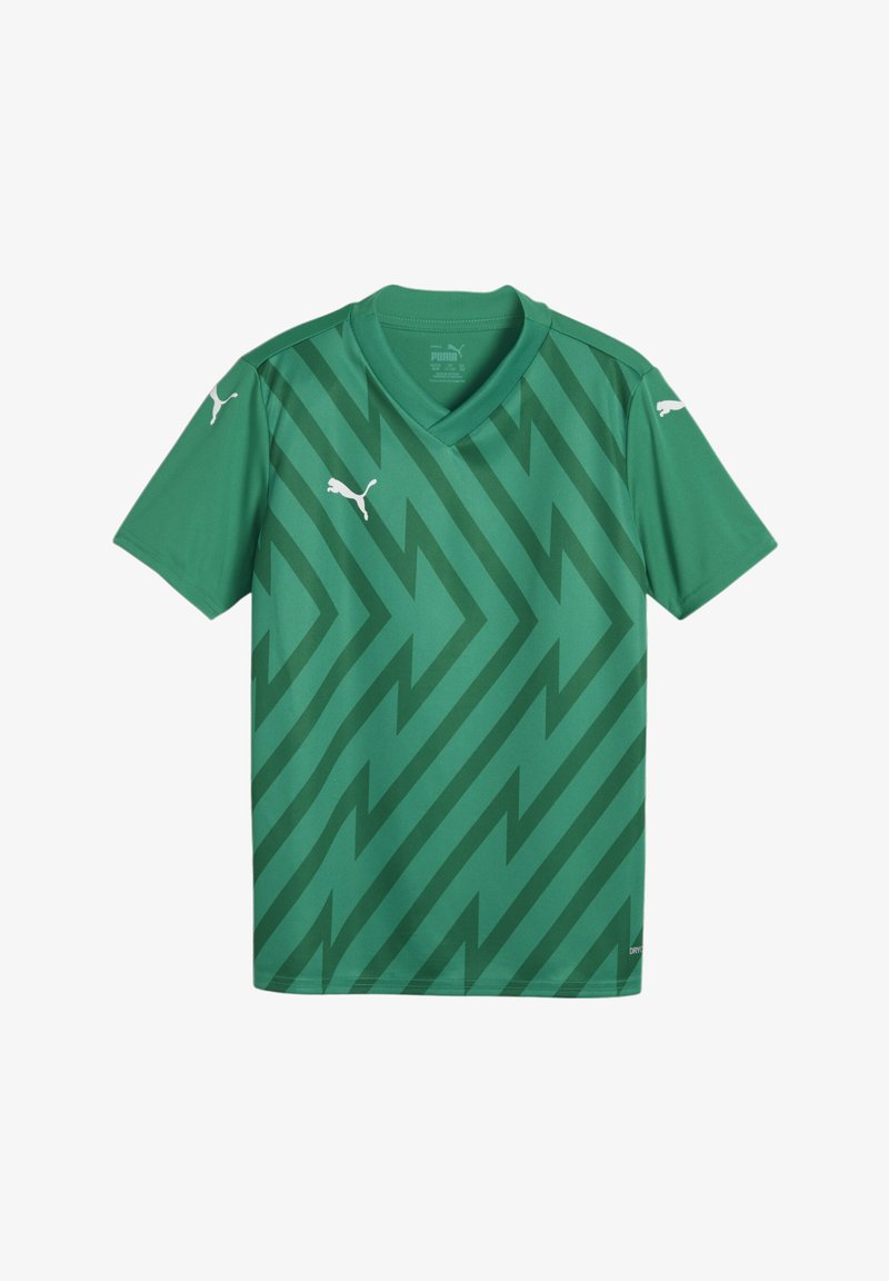Maglia verde con scollo a V, caratterizzata da un motivo a zigzag in verde scuro. Realizzata in materiale leggero con dettagli in bianco sul logo alle maniche.