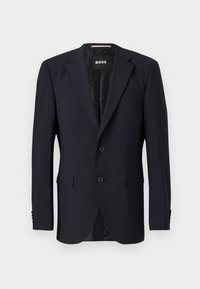 Blazer bleu marin dintr-un material texturat, cu închidere cu două butoane, revere cu tăietură și două buzunare frontale. Interior căptușit cu un model.