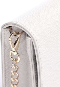 White textured handbag featuring a gold-tone metal chain and clasp, with a structured design and visible stitching details.