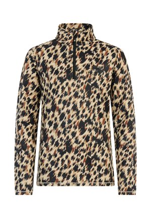 Langärmliger Pullover aus weichem Material mit halbem Reißverschluss am Kragen. Beige Grundfarbe mit einem dunkelbraunen und schwarzen Leopardenmuster. Subtiles Markenlogo.