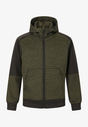 Vetoketjullinen huppari tummanoliivinvihreänä, jossa teksturoiduilla kankailla. Mustat olkapääpaneelit, etutaskut sekä resorit hihansuissa ja helmassa.