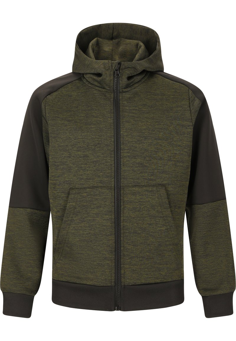 Hættetrøje med lynlås i mørk olivengrøn med en tekstureret krop. Har sorte skulderpaneler, frontlommer samt ribstrikkede ærmekanter og kant.