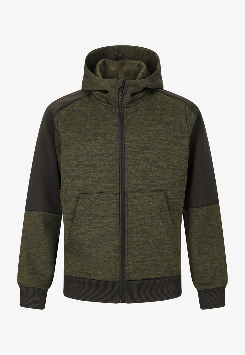 Sweat à capuche zippé vert olive foncé avec un corps texturé. Comprend des panneaux noirs aux épaules, des poches avant, ainsi que des poignets et un ourlet côtelés.