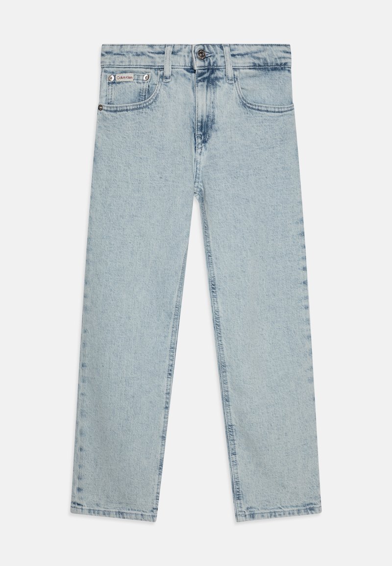 Light blue denim jeans, straight leg design, five-pocket style, button closure, subtle fading, and visible stitching details.