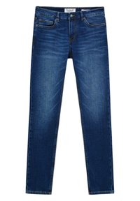 Blå slimfit-jeans med framlommor, bältesömmar och blekta detaljer på låren och knäna, liggande platt på en vit bakgrund.