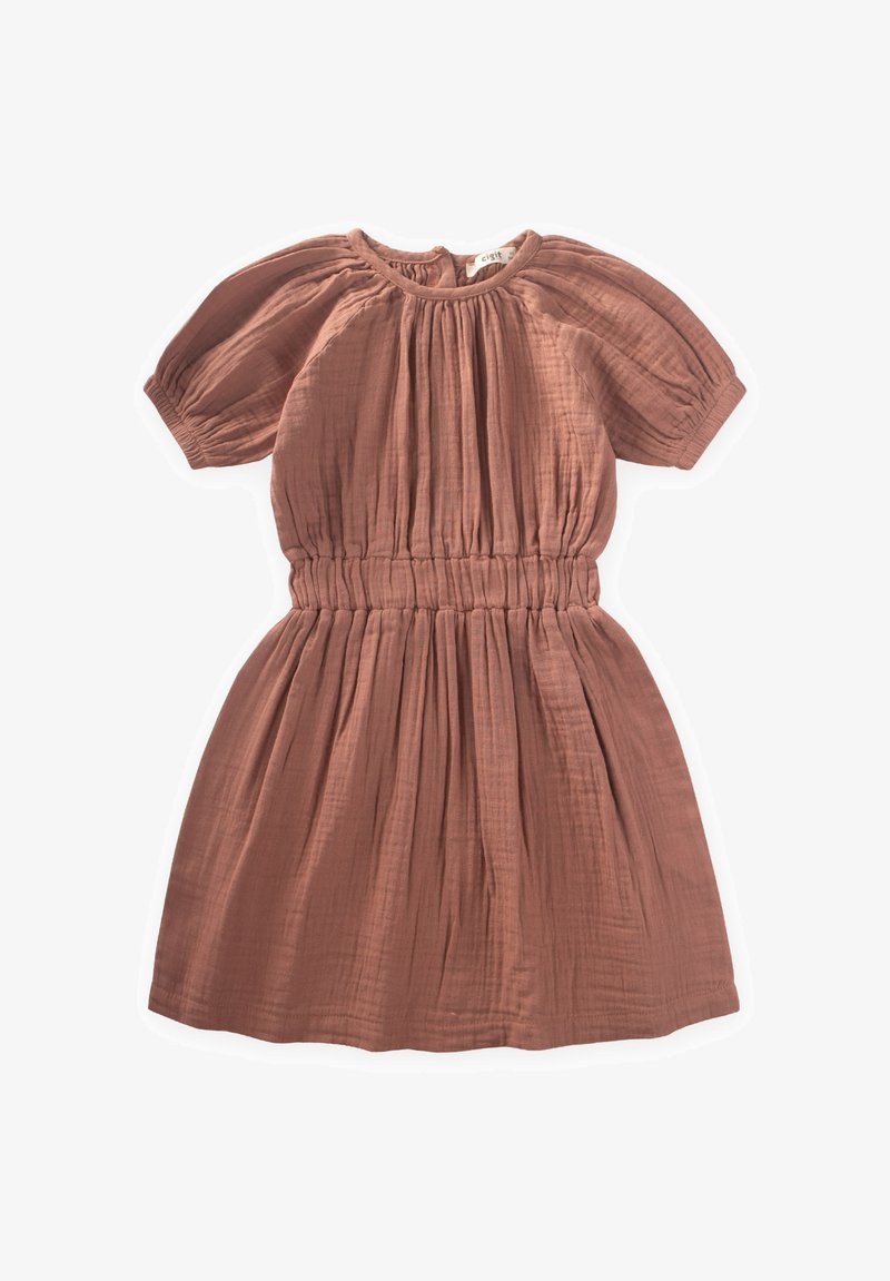 Rustinvärinen mekko, jossa on lyhyet puffihihat, kerätty vyötärö ja levenevä helma, valmistettu pehmeästä, teksturoidusta kankaasta. Sujuva, virtaava muotoilu.