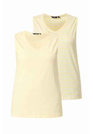 To gule ærmeløse dame toppe, en ensfarvet lysegul og en gul med hvide vandrette striber, begge med V-udskæringer.