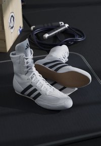 White wrestling shoes made of synthetic material with three black stripes, high ankle design, and textured sole. Laces and padded collar included.