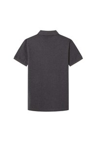 Polo shirt in cotone grigio scuro con maniche corte, colletto standard e dettagli a contrasto sulle maniche. Presenta un design classico.