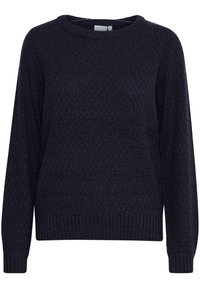 Himmelblau gestrickter Pullover mit strukturiertem Muster, rundem Halsauschnitt sowie gerippten Bündchen und Saum. Lange Ärmel in lockerer Passform.