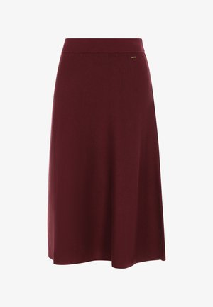 Burgundy, knee-length skirt with a ribbed texture and a wide, elastic waistband. Features a small metallic accent on the waistband.