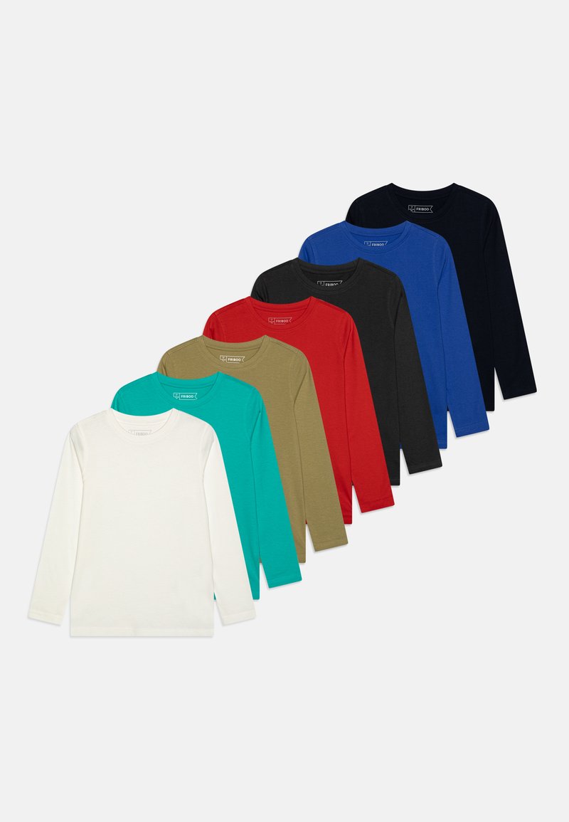 Long-sleeve t-shirts in seven colors: white, teal, olive, red, black, blue, and dark gray. Made of soft fabric with a round neckline.