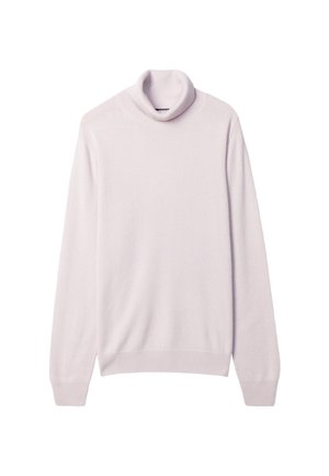 Pull col roulé lavande clair à manches longues, poignets et bas côtelés, présenté à plat sur fond blanc.