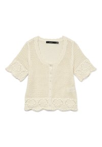 Cardigan en tricot couleur écru avec des manches courtes, un tissage ouvert texturé, un ourlet festonné et un motif tricoté décoratif aux poignets et au bas.