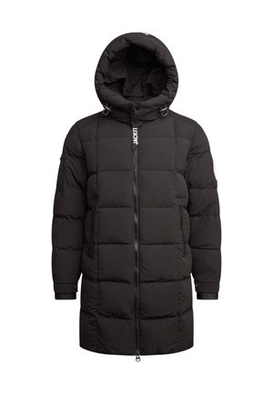 Zwarte pufferjas met capuchon, voorzien van een rits aan de voorkant, elastische manchetten en een gestikt ontwerp. Inclusief branding op de halslijn en de linkermouw.