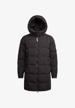 Zwarte pufferjas met capuchon, voorzien van een rits aan de voorkant, elastische manchetten en een gestikt ontwerp. Inclusief branding op de halslijn en de linkermouw.