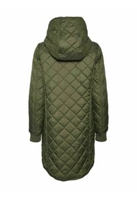Long manteau matelassé vert olive avec capuche, poignets côtelés et motif de couture en losange, vu de dos.
