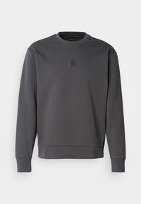 Charcoal gray sweatshirt made of soft fabric, featuring a hexagonal logo on the chest, ribbed cuffs, and crew neckline. Simple, modern design.