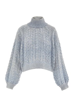 Helles blaues gestricktes Sweatshirt mit hohem Kragen, oversized Oberteil und langen puffigen Ärmeln. Verfügt über ein strukturiertes Zopfmuster und Rippbündchen.