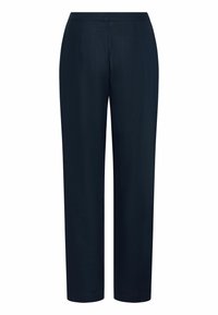 Pantalones de pierna ancha en azul marino, hechos de un material suave y ligero, con una cinturilla plana y una silueta recta. Sin bolsillos ni adornos visibles.