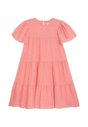 Rosa stufiges Kleid mit Puffärmeln, versehen mit einem strukturierten Polka-Dot-Muster und einem Knopfverschluss hinten. Leichter Stoff, knielanges Design.