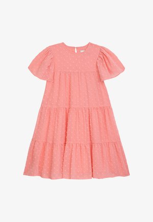 Rosa stufiges Kleid mit Puffärmeln, versehen mit einem strukturierten Polka-Dot-Muster und einem Knopfverschluss hinten. Leichter Stoff, knielanges Design.