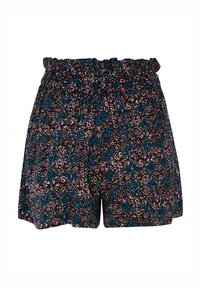 Short femme taille haute avec taille élastique et coupe ample, base noire avec motif floral abstrait coloré en rose et bleu.