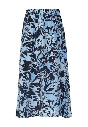 Kwiatowa spódnica w jasnoniebieskim kolorze z ciemnonawojskowymi kwiatami. Elastyczny pas i gładka tekstura, długość do kolan, luźny krój i boczne rozcięcia.