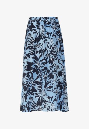 Kwiatowa spódnica w jasnoniebieskim kolorze z ciemnonawojskowymi kwiatami. Elastyczny pas i gładka tekstura, długość do kolan, luźny krój i boczne rozcięcia.